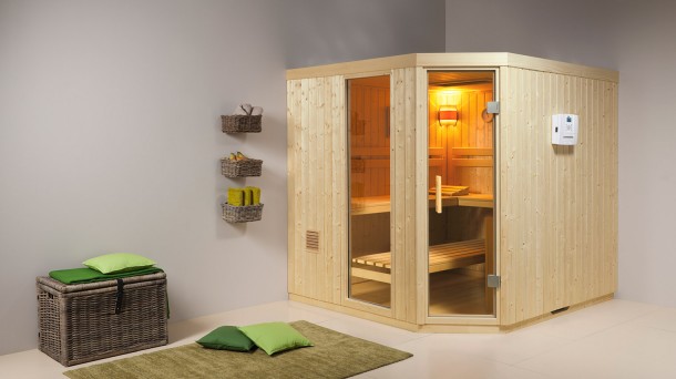 Sauna Origo mit Außenverkleidung Fichte von Saunahersteller Röger